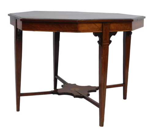 A late Victorian rosewood and inlaid occasional table, the octagonal top with boxwood and ebony line inlay and central rosette, above square tapering legs with shaped under tier and X shaped stretchers, 67cm high, the top 92cm x 90cm.