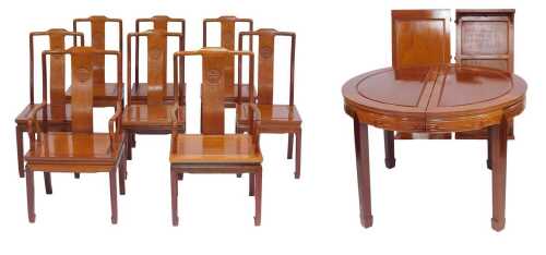 A Chinese hardwood dining table, the circular top on square tapering legs with shaped feet, 76cm high, the top approx 103cm diameter, with two additional leaves, each 52cm wide, together with a set of eight dining chairs (6+2).
