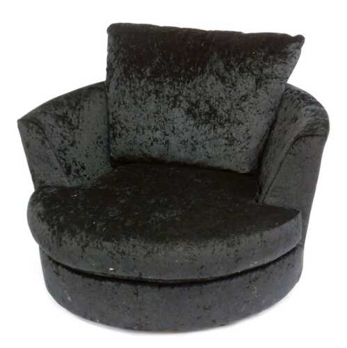 A contemporary crushed black velvet swivel snuggle armchair, 110cm wide.