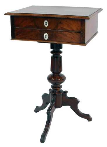 A Victorian mahogany sewing table, the hinged top enclosing an arrangement of recesses, above a faux drawer and a further drawer, each with mother of pearl escutcheons, on a part fluted and turned column, raised on three shaped cabriole legs, 75cm high, 4