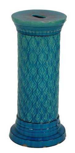 A 19thC Bermantofts turquoise glaze jardiniere stand, with oval recess to top, the body with lappet decoration, impress marks, England BF, No. 116, initialled J L, 66cm high. (AF)