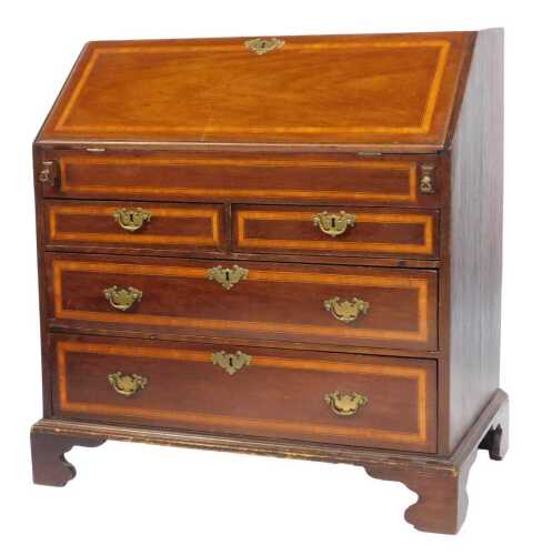 A Georgian mahogany and satinwood cross banded bureau, the fall enclosing an arrangement of drawers, cupboard and recesses, over two short and two long graduated drawers, on bracket feet, 99cm high, 91cm wide, 54cm deep.