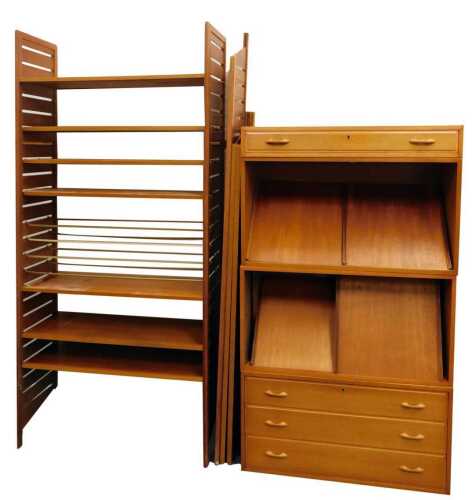 A section of teak Ladderax type units, including side supports, metal rails, drawer and cupboard units, 93cm wide.