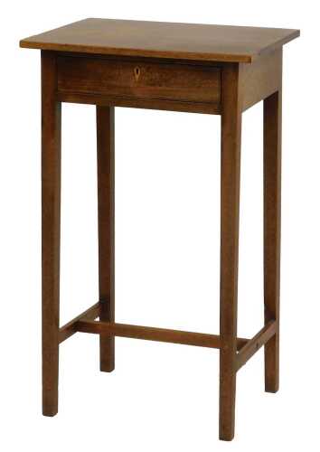 A late 19thC mahogany side table, the rectangular top above a frieze drawer on square legs united by H stretcher, 72cm high, 43cm wide, 32.5cm deep.