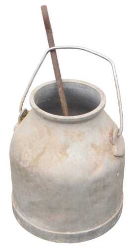 A galvanised churn, with open top, 36cm high, and poker.
