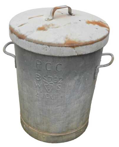 A galvanised waste bin, with lid, stamped PCC, 61cm high.