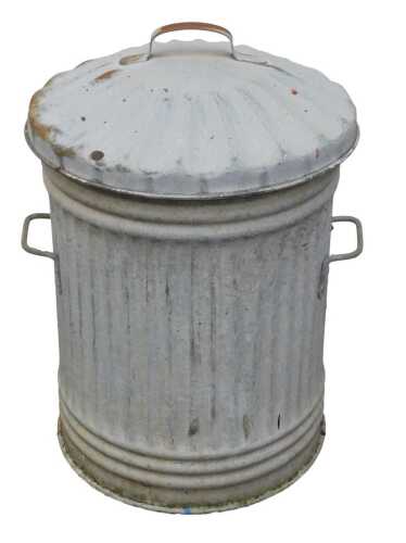 A galvanised waste bin, the body of ribbed design, with lid, 63cm high.