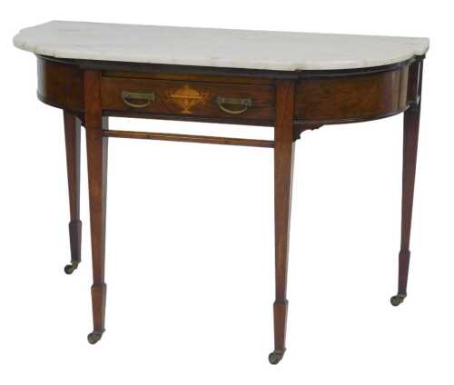 A Victorian rosewood side table, with a shaped marble top, the base with a frieze drawer with inlaid two handled urn decoration, on square tapering legs, on spade feet with castors, 76cm high, 109cm wide, 58cm deep. (the marble top AF)