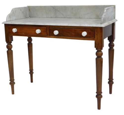 A Victorian mahogany and marble washstand, the marble top with a raised back above two frieze drawers with pot handles, on turned legs, 88cm high, 102cm wide, 46cm deep.