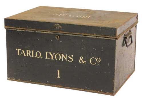 A 19thC black painted metal deed box, the hinged lid sign written 512 To 618, enclosing a vacant interior, the front bearing name Tarlo, Lyons and Co 1, 30cm high, 52cm wide, 36cm deep.
