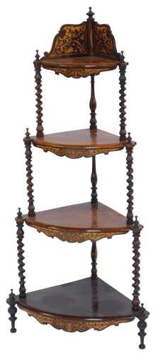 A Victorian rosewood and boxwood inlaid corner whatnot, each shelf united by spiral turned supports with rounded finials, on turned legs, 123cm high, 60cm wide, 42cm deep.