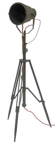 An industrial spotlight, in grey, on tripod stand, 141cm high.