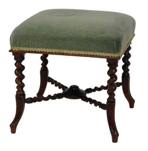 A Victorian mahogany stool, the top with an overstuffed teal draylon seat, above spirally twist legs, on out splayed feet united by spiral turned X shaped stretcher, 40cm high.