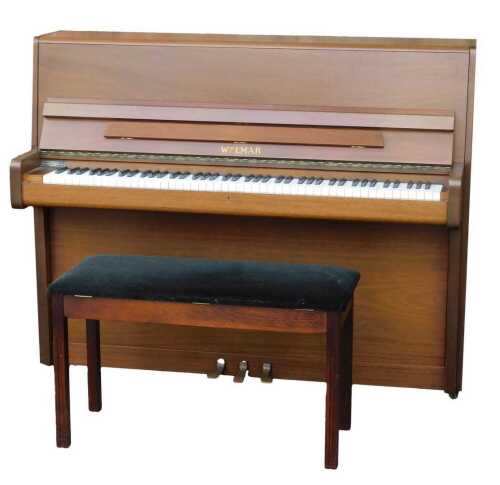 A Welmar walnut cased upright piano, overstrung, bearing labels 'Supplied by Bradley's Piano Ltd Leicester', 138cm wide, together with a piano stool.