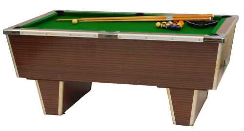 A 20thC coin operated pool table, with cover, 78cm high, 190cm wide, 110cm deep, together with cues and balls, etc.