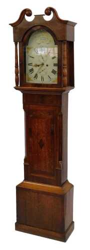 A 19thC mahogany and oak cased longcase clock, the cream enamel dial bearing Roman numerals, for Joshua Wilson Stamford, with seconds and minutes aperture, eight day, the hood with swan neck pediment, turned columns, on plinth, with pendulum, key and weig