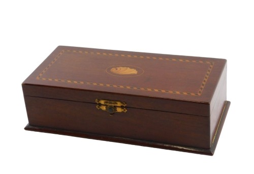 An early 20thC inlaid mahogany glove box, the lid with shell paterae and hatched inlaid border, opening to reveal an interior with paisley lining, and with brass catch, 25cm x 12cm x 7.5cm.