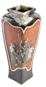 A Japanese stoneware vase, of tapered square section form, with panels of raised decoration, including figural characters, and landscape with a pagoda and Mount Fuji, within brown and grey running glazes, impressed signature to the base, 30.5cm high.