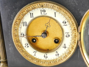 A late Victorian slate cased architectural mantel clock, the case with classical Portico design, with brass architectural columns, and gilt highlights, with eight day movement and white enamel chapter ring, with Arabic numerals, 38cm high, 40.5cm wide. - 2