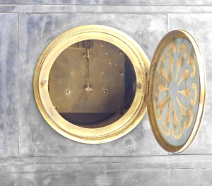 A late Victorian slate cased architectural mantel clock, the case with classical Portico design, with brass architectural columns, and gilt highlights, with eight day movement and white enamel chapter ring, with Arabic numerals, 38cm high, 40.5cm wide. - 3