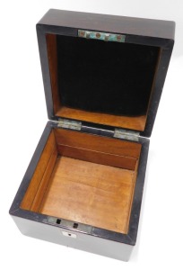 A Victorian rosewood box, with mother of pearl inlay, with satinwood veneered interior, and padded lining to the lid, 13.5cm x 14cm x 12cm, and a plain square oak tobacco box with lead tamper lid, 12cm high. - 2