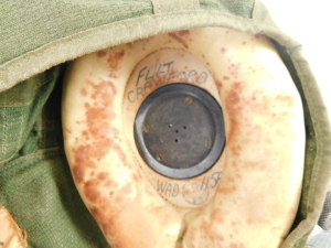 An RAF cloth helmet, 22c, size 3, with respirator, leg straps, and navigation protractor. (ex Flight Lieutenant Crawford, Vulcan Bomber display team) - 2