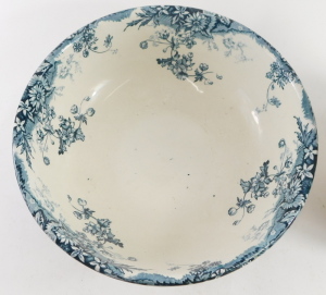 Staffordshire pottery jug and bowl set, with transfer printed trailing flower head and foliage designs in blue, back stamp, marks with crown and Stoke Pottery, 30cm high, bowl measures 37cm diameter. - 2