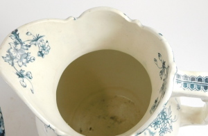 Staffordshire pottery jug and bowl set, with transfer printed trailing flower head and foliage designs in blue, back stamp, marks with crown and Stoke Pottery, 30cm high, bowl measures 37cm diameter. - 3