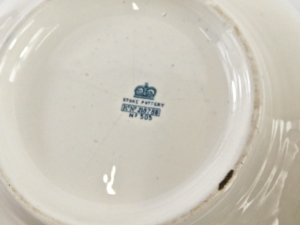 Staffordshire pottery jug and bowl set, with transfer printed trailing flower head and foliage designs in blue, back stamp, marks with crown and Stoke Pottery, 30cm high, bowl measures 37cm diameter. - 4