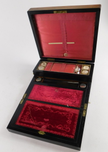 A Victorian rosewood travelling work box and writing slope, with mother of pearl inlay to the lid and key escutcheon, the interior with fitted compartments and silk lining, including an agate mounted pin cushion, the writing slope with plush lining and tw - 4