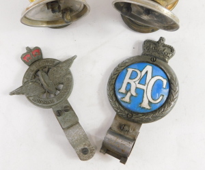 Motoring Interest. Two Premier Miner's or Pot-holer's Cap Lamps, by V Premiere Lamp & Engineering Co Ltd Leeds and two car badges for Civil Service Association and RAC. (4) - 2