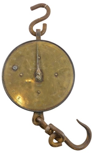 A Salter's number 20T brass spring balance scales, Silvesters patent, weighing to one hundred pounds by half a pound.