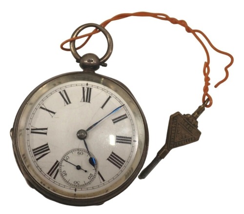 A Victorian silver cased pocket watch, with white enamel Roman numeric dial, blued hands and seconds dial, key wind, with Waltham movement, the inner case named to George Gorringe, the case hallmarked for Birmingham 1887, 135.9g all in.