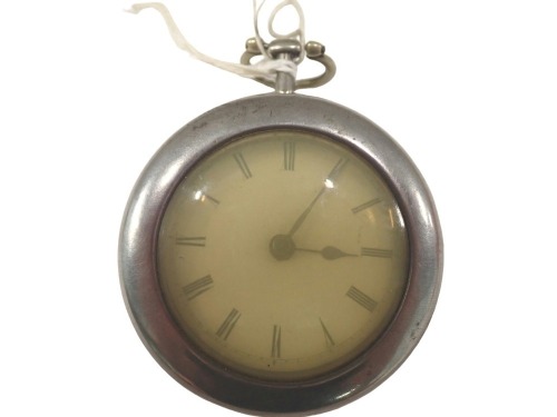 A Victorian silver pocket watch, with white enamel dial and silvered hands, in outer case with a stainless steel front, the case with rubbed marks, London, believed to be Victorian, maker TC, the movement stamped E Eastland London, and numbered 5402, 99g 