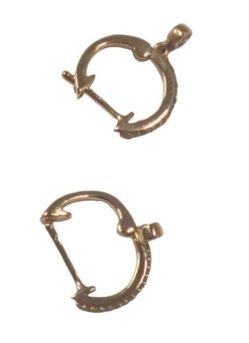 A pair of Le Diamantaire hoop earrings, each set with tiny diamonds, with certificate totalling 0.100ct, yellow metal unmarked, 1g all in, boxed.