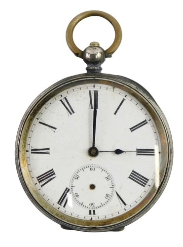 A 20thC pocket watch, with white enamel Roman numeric dial, seconds dial, and blue hands, lacking seconds dial, numbered 104712, white metal stamped 800, 96.6g all in.