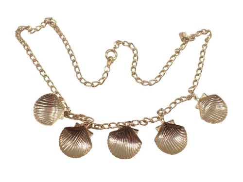A shell necklace, the necklace set with five shells, yellow metal coloured, on a flattened curb band, gold plated, 40cm long, boxed.