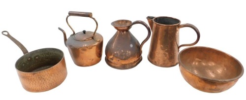 Various copper, comprising two copper jugs, a copper kettle, and one copper pan and bowl.