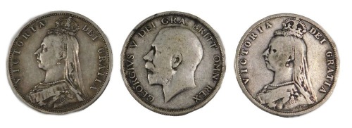 Three Victorian and later half crowns, comprising 1889, 1887, and 1915.