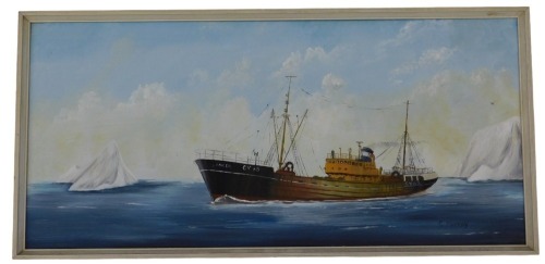 G Murray. The Grimsby steam coaster Lancer, negating icebergs, on artist board, signed and dated 1967, 34cm x 75cm.