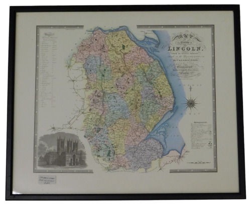A reproduction map of the county of Lincoln, after C&J Greenwood, with coloured hundreds and Lincoln Cathedral vignette, 37cm x 45cm.