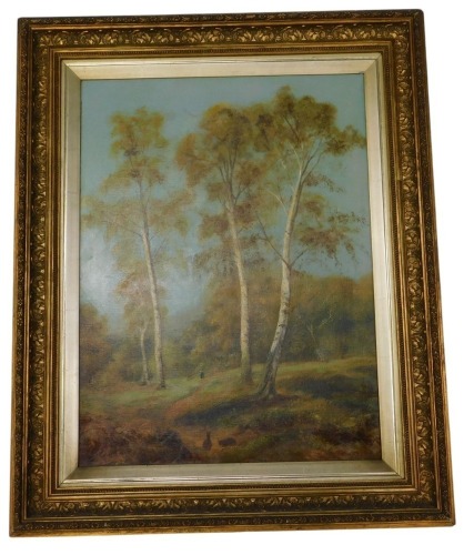 20thC English School. Woodland with birch trees, figures and rabbits in the foreground, oil on canvas, 60cm x 44cm.