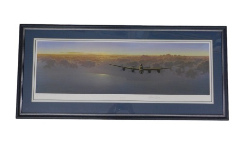 After Gerald Coulson. The Last Glow, Lancaster Bomber in the setting sun, signed in pencil on the margin, 33cm x 92cm.
