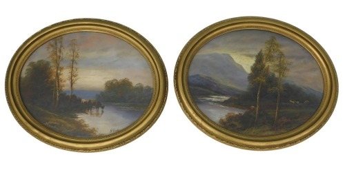 N Graham (early 20thC). Highland scenes with cattle watering and mountainous landscape with river, gouache, signed, 40cm x 50cm oval.