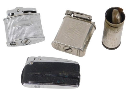 Four various lighters, comprising a National Savings certificate collectors tin, a Ronson lighter, a leather and Ronson lighter, and a Beney Popular. (4)