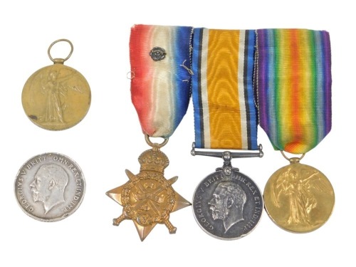 WWI medals, comprising a trio group of the 1914 star, George V British War medal, and Victory medal, each with ribbons, inscribed PTE W Cook 138, 20/hars, a Victory medal inscribed 1868 ACGNR E Field RA, and a 14-18 medal The SS 4543R Par ORD. (5)