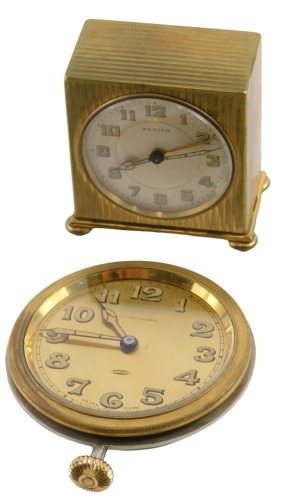 Two travel clocks, comprising an A Lecoultre eight-day, and a Zenith brass example in fitted case, 5.5cm high. (2)