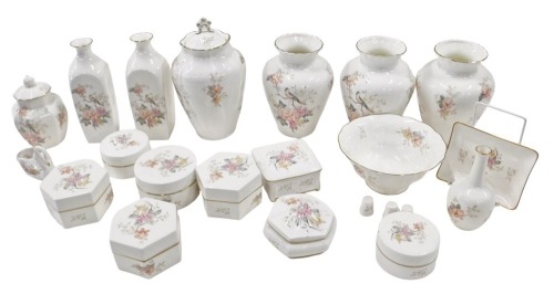 Royal Doulton Mystic Dawn pattern wares, comprising three baluster vases, jar and cover, dressing table wares, pin dish, thimbles, swan trinket tray, etc., boxed. (a quantity)