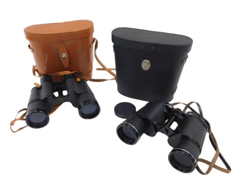 Three pairs of binoculars, comprising a set of Boots Pacer 12x50, and a set of Skybolt 7x50 binoculars, each in travel case, and another pair. (3)