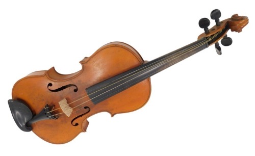 A 19thC two piece split back violin, bearing Maidstone School Orchestra label, in case, 75cm, with bow.